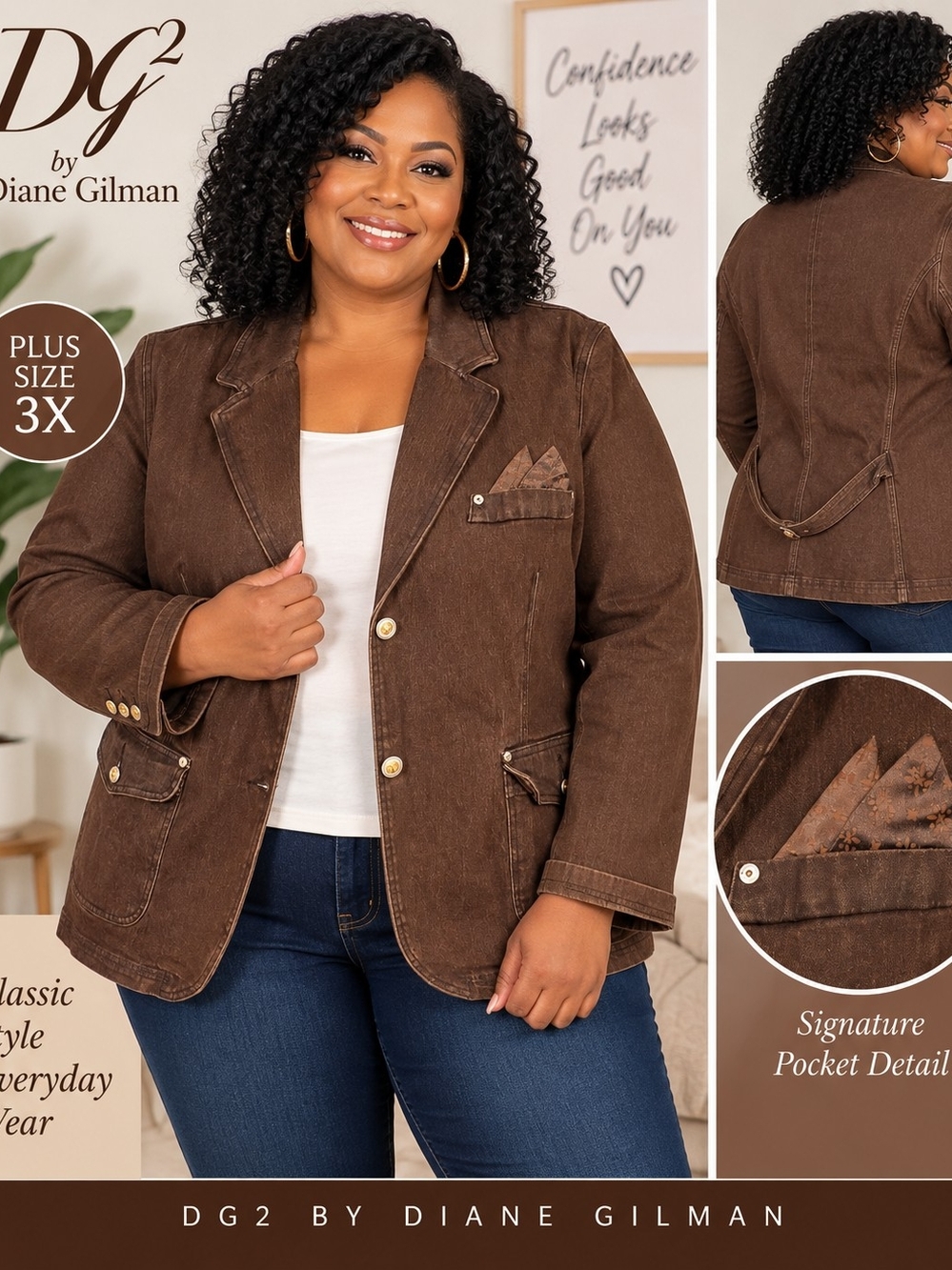 DG2 by Diane Gilman Brown Denim Blazer Jacket 3X Plus Size